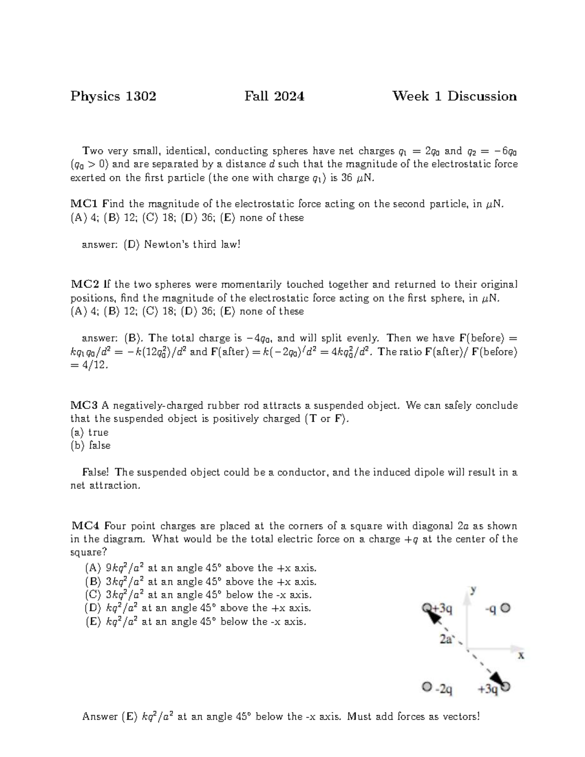 Physics 1302 Fall 2024 Week 1 Discussion Solutions - Studocu