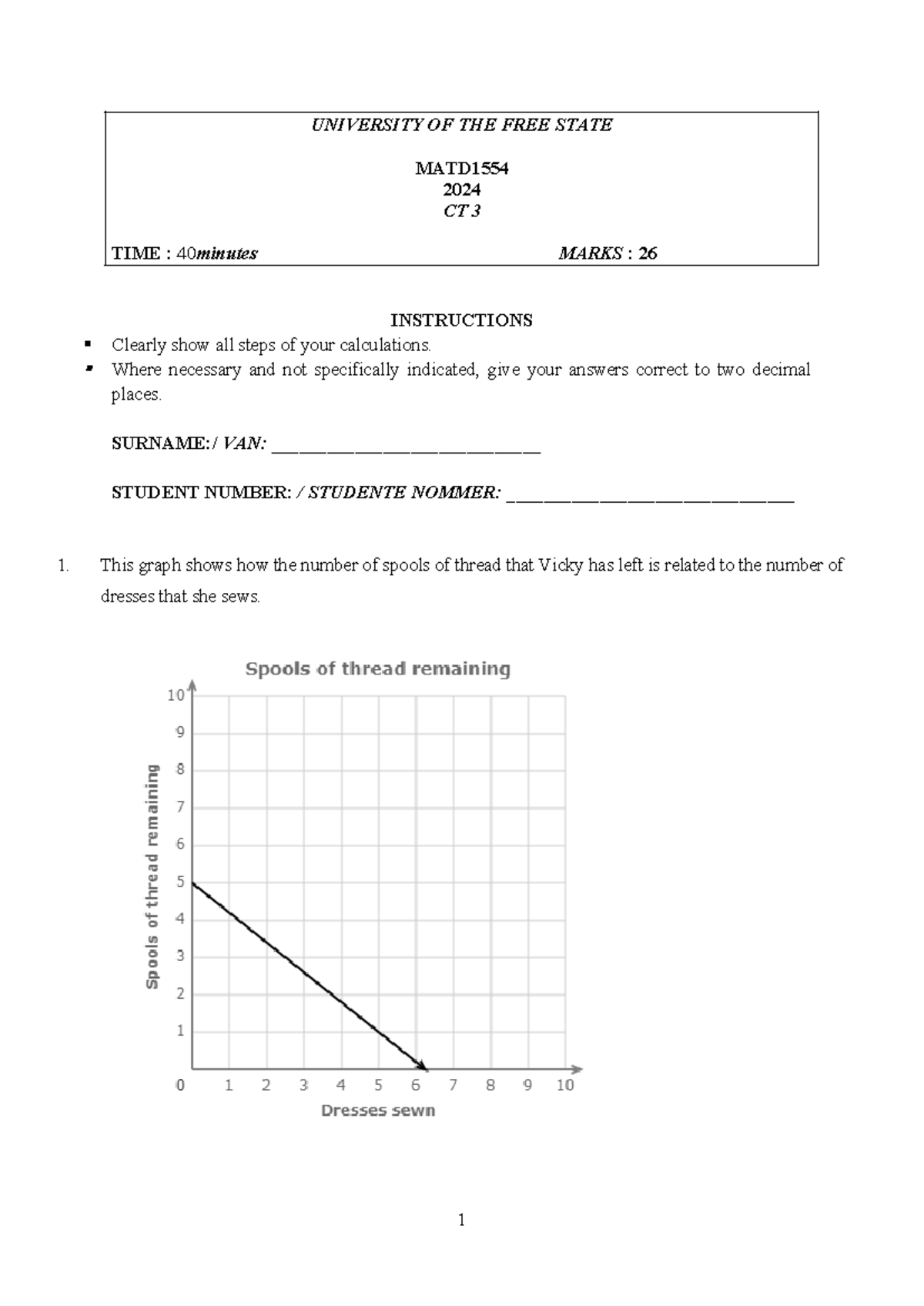 CT3 MATD1554 - Class Test on Linear Equations and Calculations - Studocu