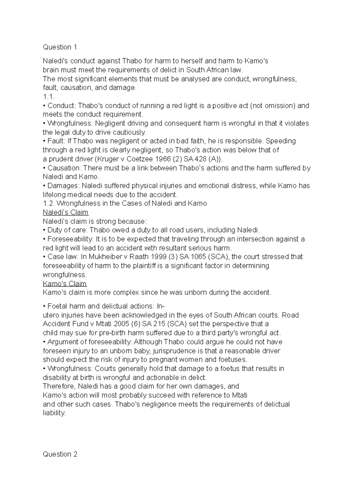 LDEL Takehome Test: Delictual Liability in South African Law - Studocu