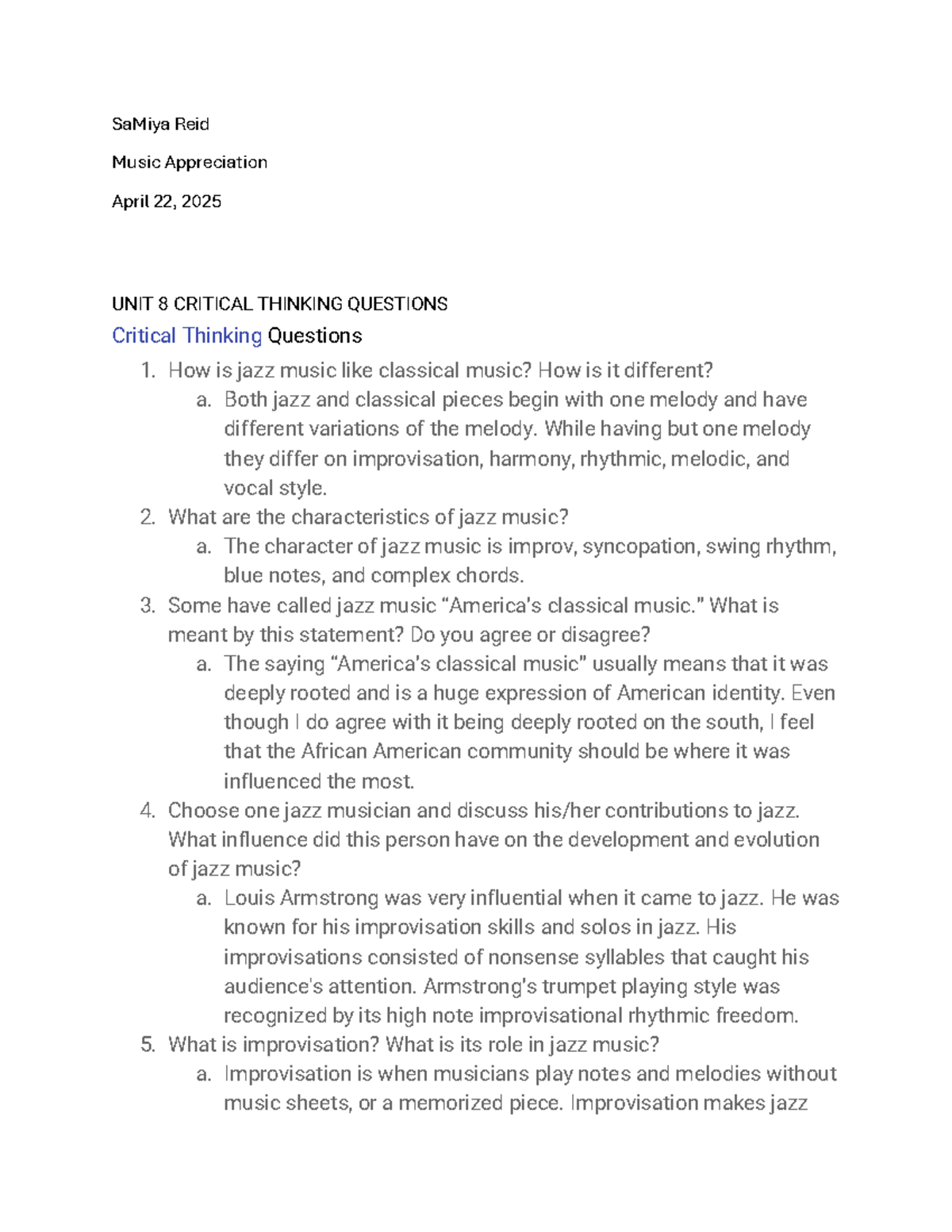Music Appreciation (SaMiya Reid) - Unit 8 Critical Thinking Questions ...