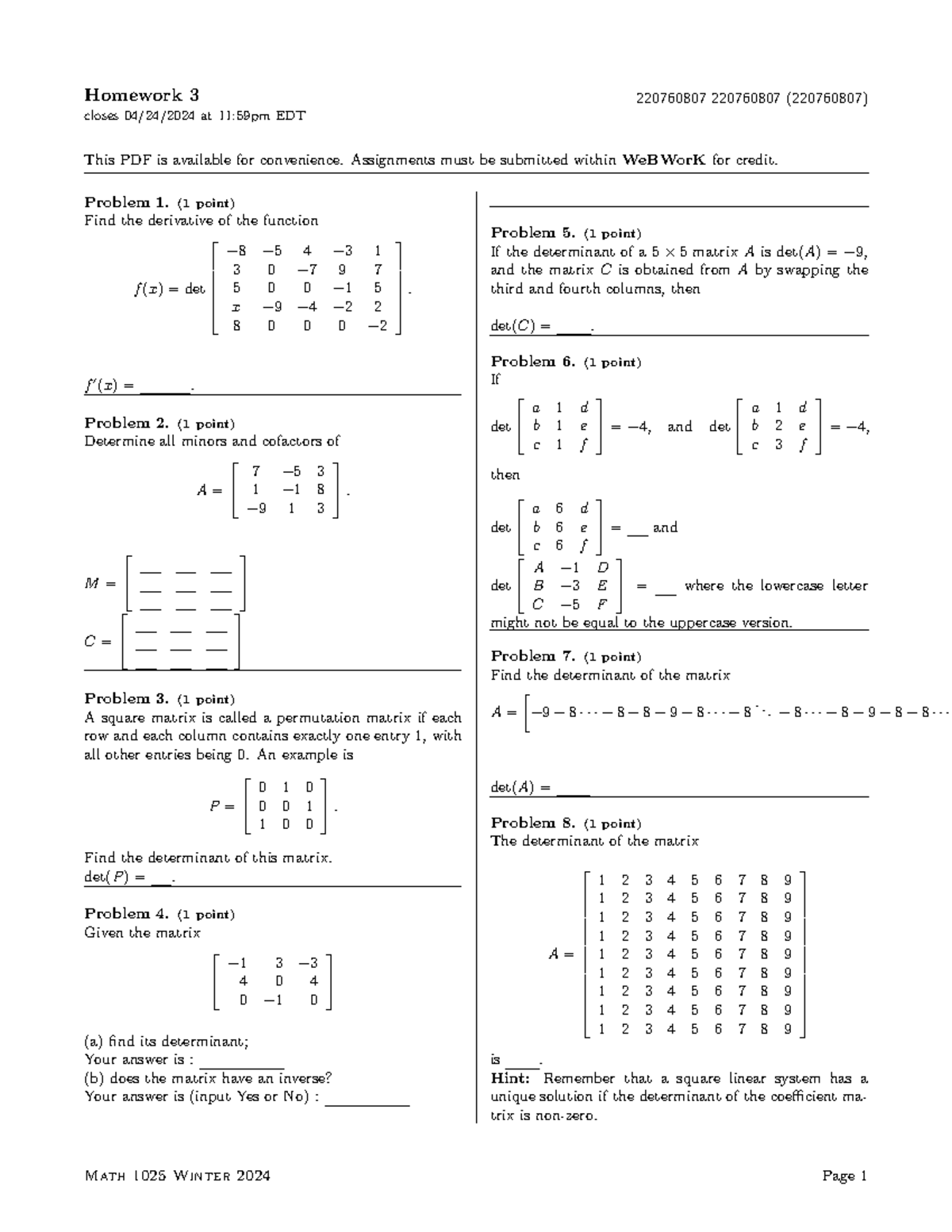 MATH1025-W24 - Homework 3 Solutions and Notes - Studocu