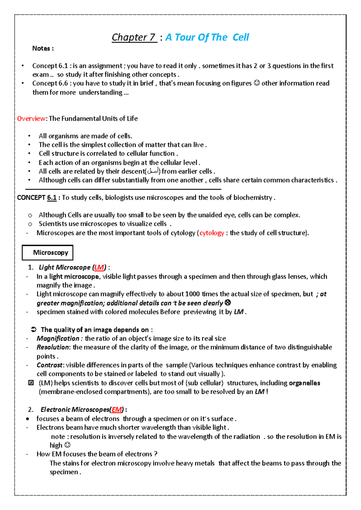 Chapter 7: A Tour of the Cell - Key Concepts and Notes - Studocu