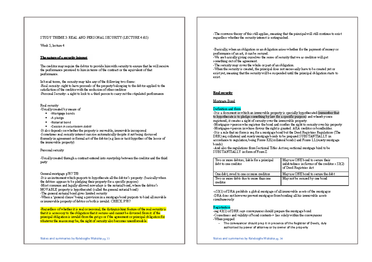 STUDY THEME 3: REAL AND PERSONAL SECURITY (LECTURE 4) Notes Summary ...