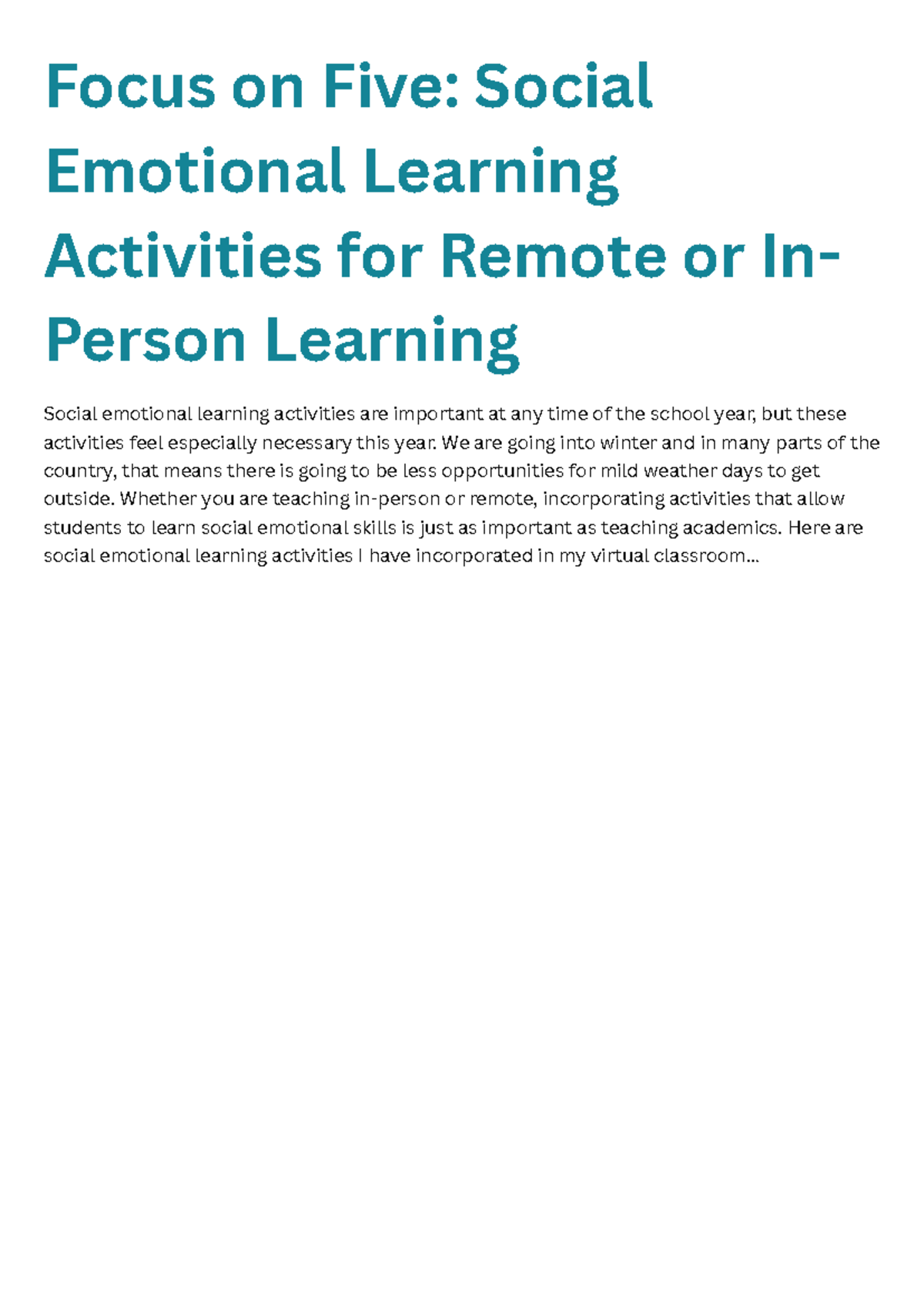 Focus on Five: SEL Activities for Remote & In-Person Learning - Studocu