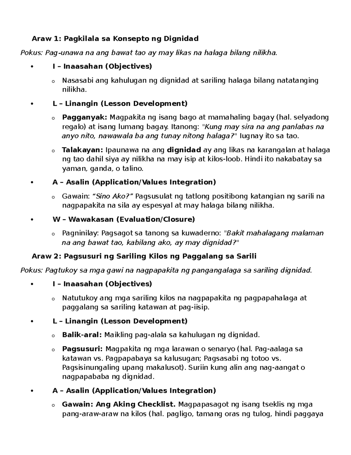 DLP GMRC WEEK 1: Pagkilala sa Dignidad at Sariling Halaga - Studocu