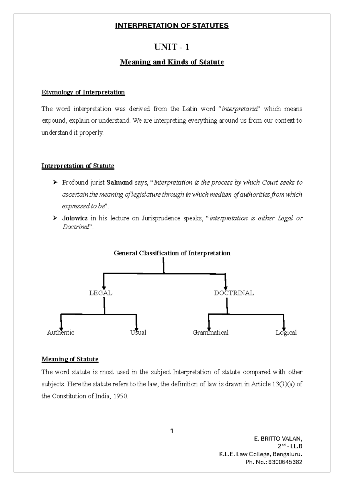 IoS - Unit 1: Understanding the Meaning and Types of Statutes - Studocu