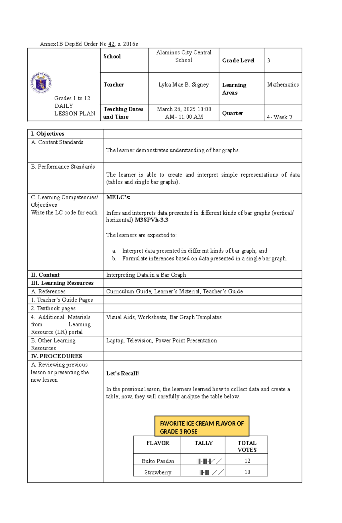 DLP - Grade 3 Mathematics Daily Lesson Plan on Bar Graphs - Studocu