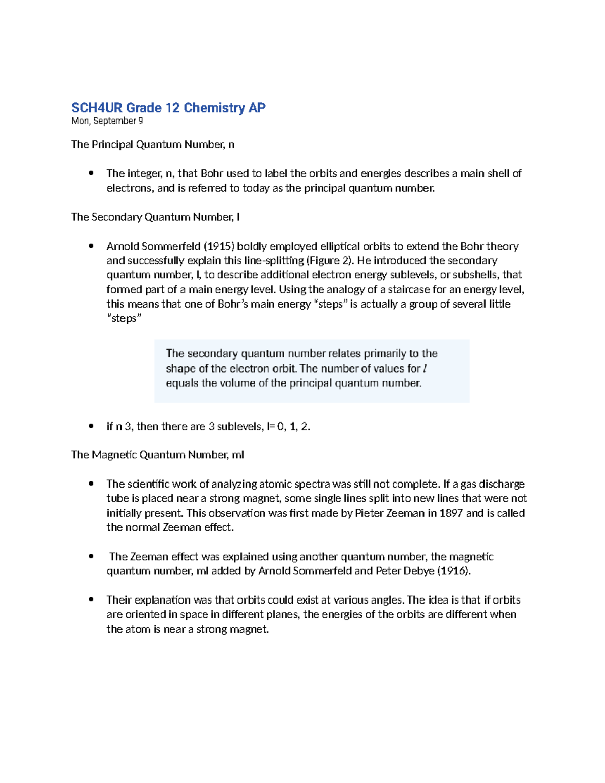 SCH4UR Grade 12 Chemistry Lesson 4: Quantum Numbers Explained - Studocu