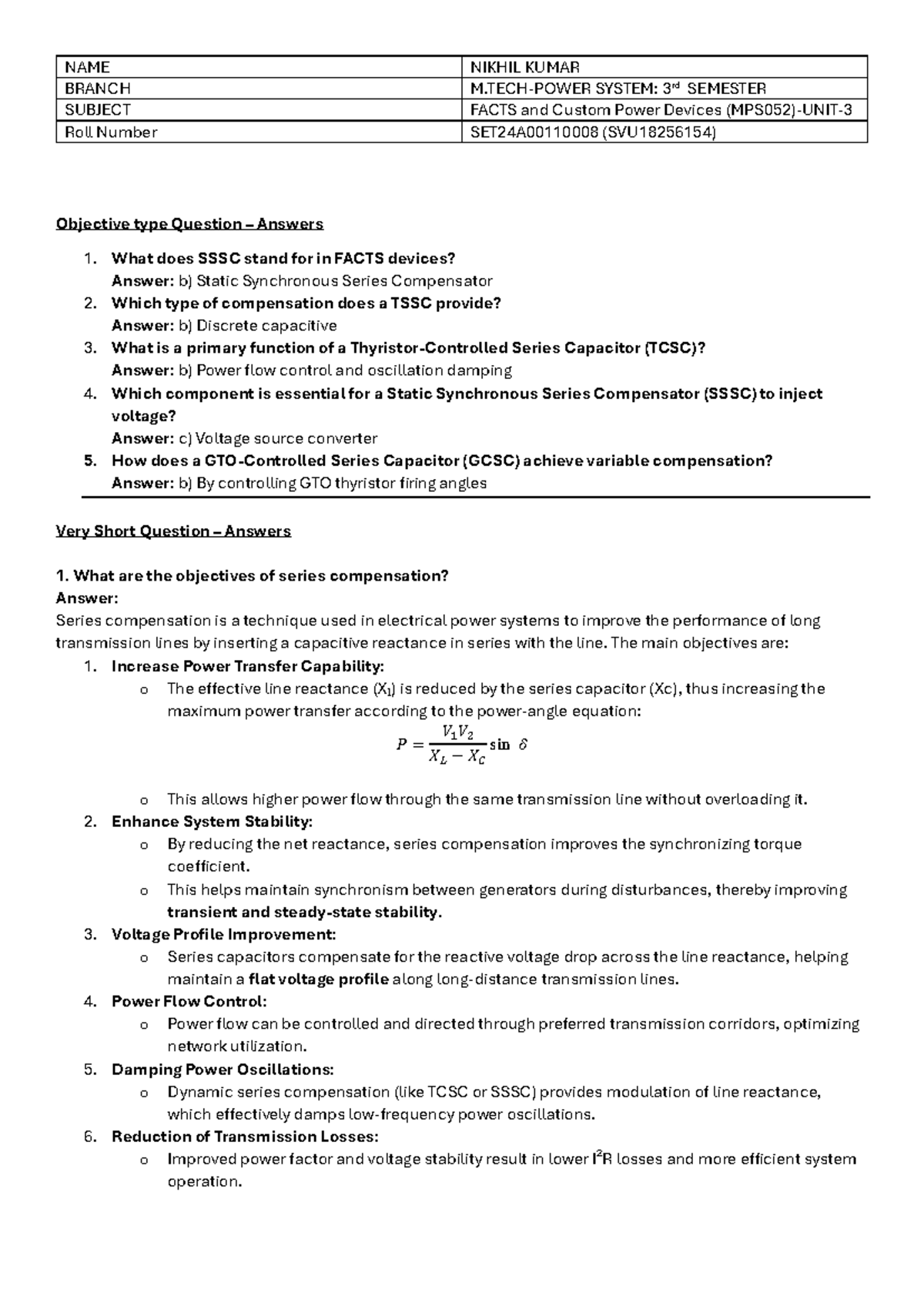 UNIT-3 (MPS052) - Facts and Custom Power Devices Study Guide - Studocu