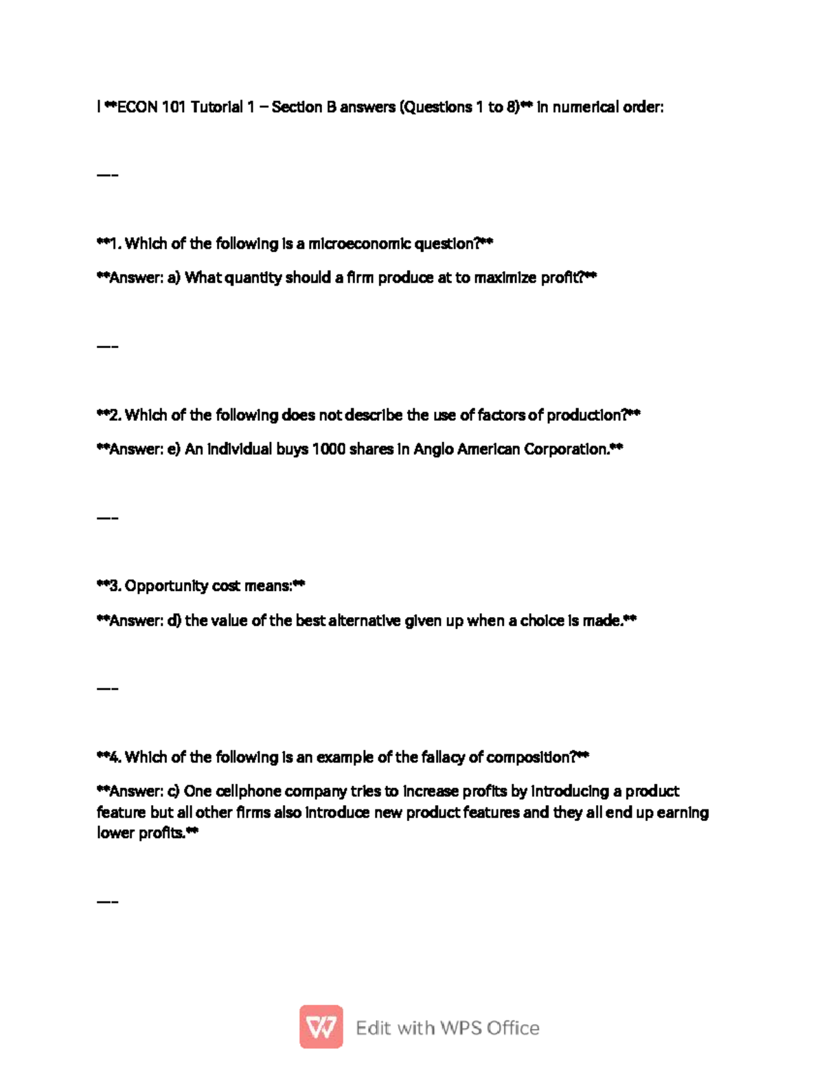 ECON 101 Tutorial 1 Section B Answers and Explanations - Studocu