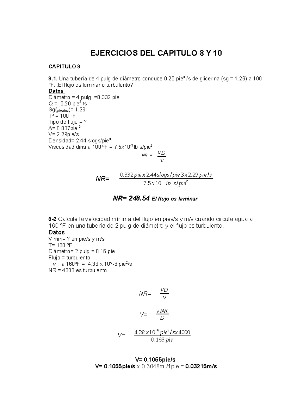 Ejercicios del Capítulo 8 y 10 de Mecánica de Fluidos (MEC-101) - Document Preview