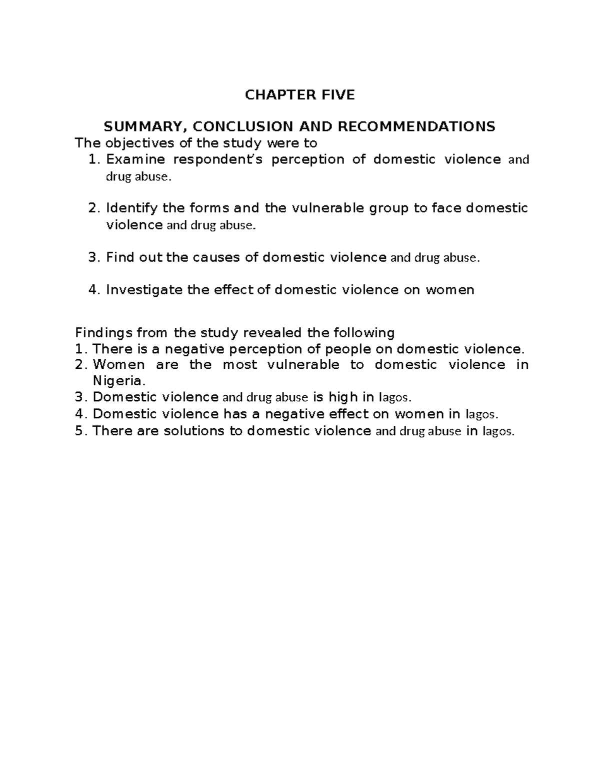 Chapter FIVE - NIL - CHAPTER FIVE SUMMARY, CONCLUSION AND ...