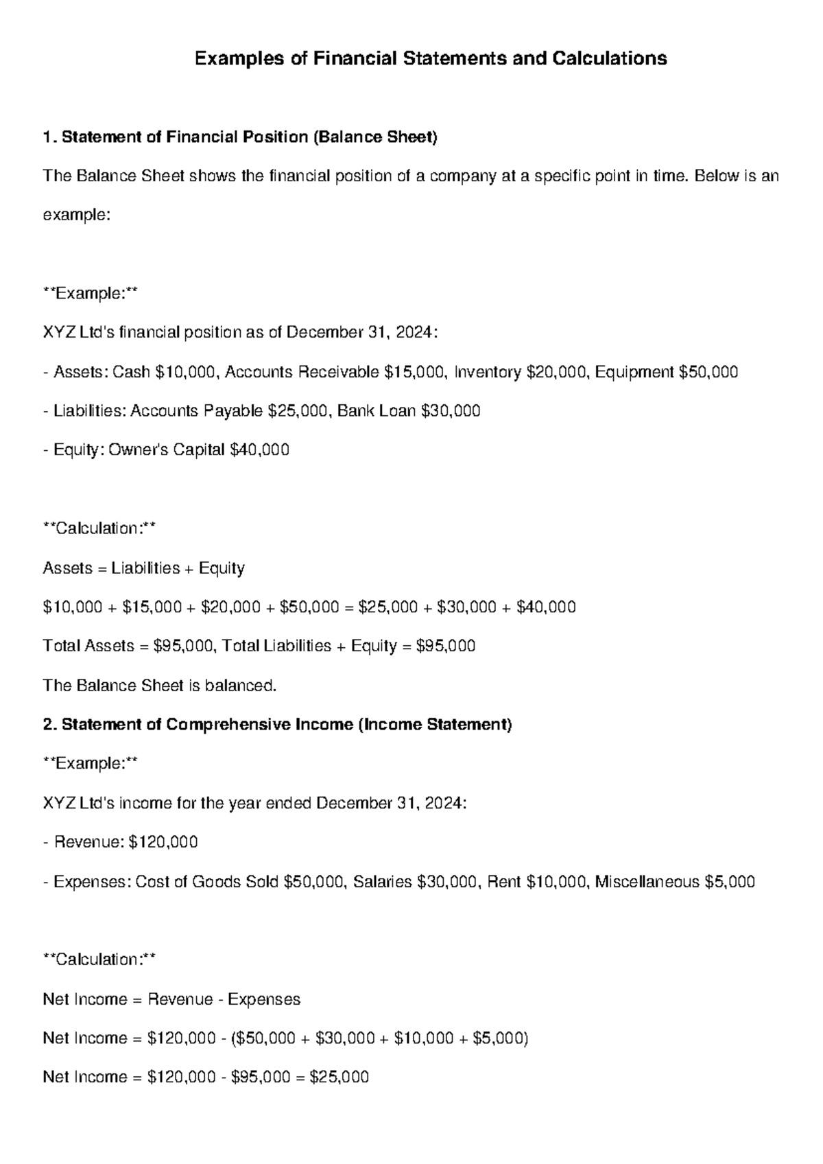 Financial Statements Examples and Calculations for Analysis - Studocu