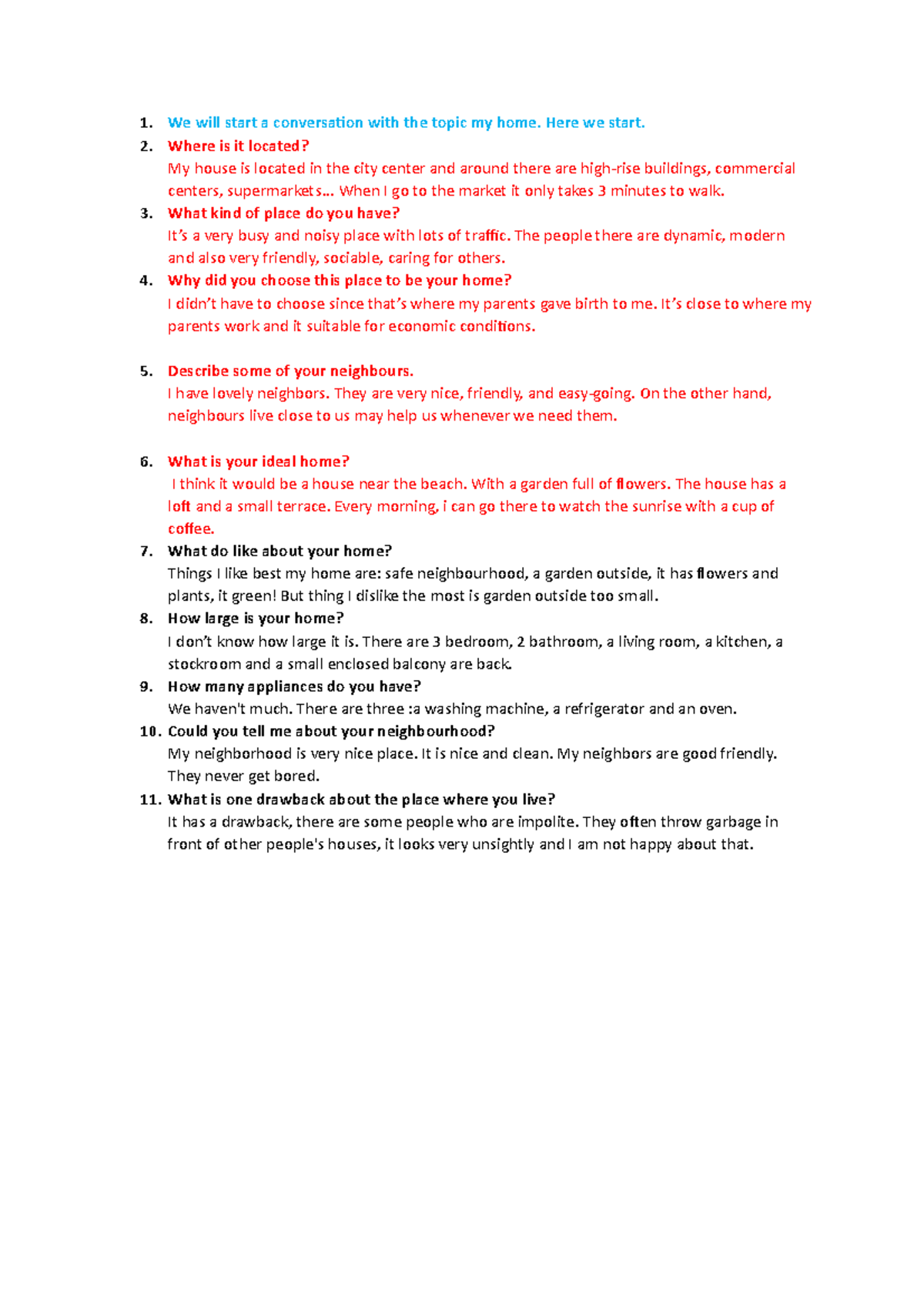 Unit10. MY HOME - Speaking 1 - We will start a conversation with the ...