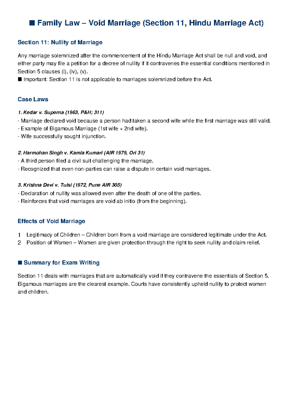 Family Law (HMA) Notes: Void Marriages & Section 11 Summary - Studocu