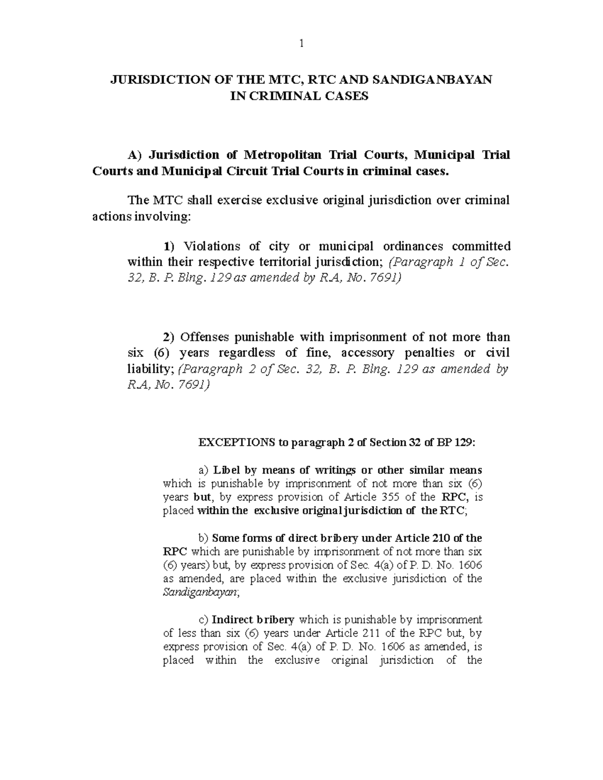 Jurisdiction of MTC, RTC & Sandiganbayan in Criminal Cases - Studocu