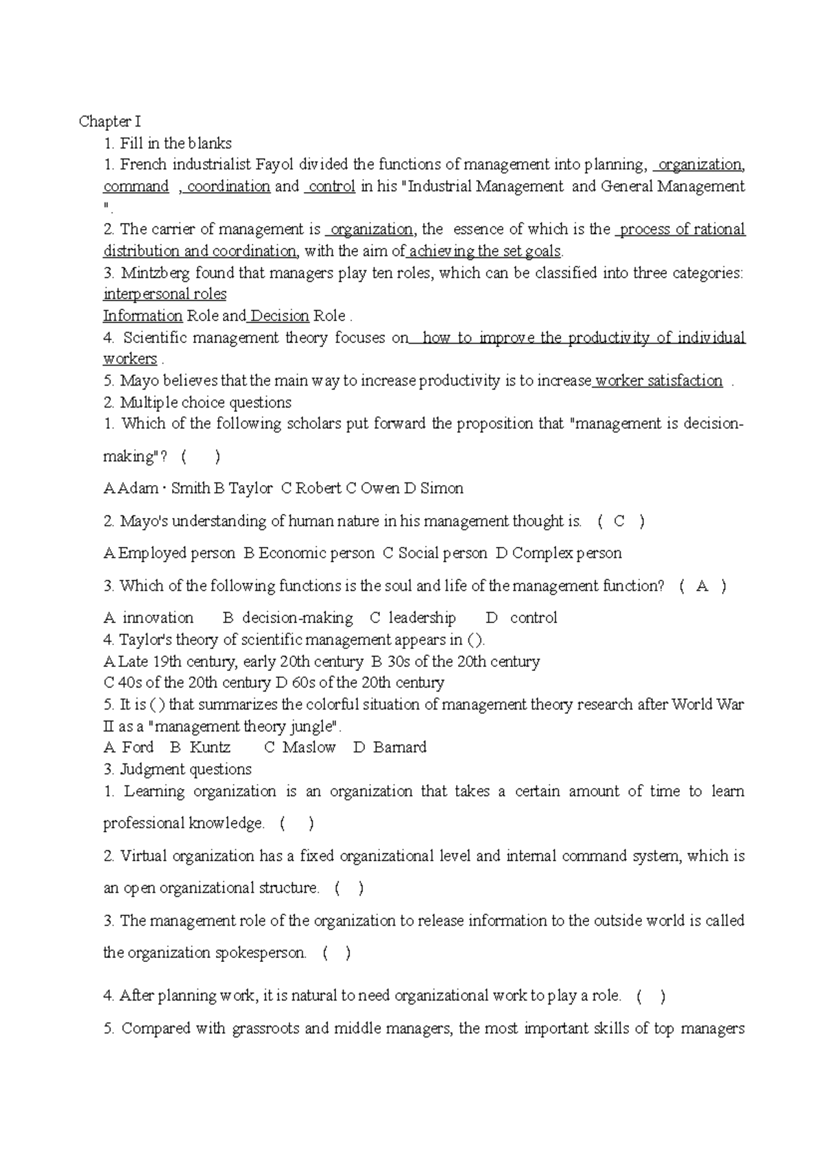 Chapter - Coaching Assignments: A Study on Management Principles - Studocu