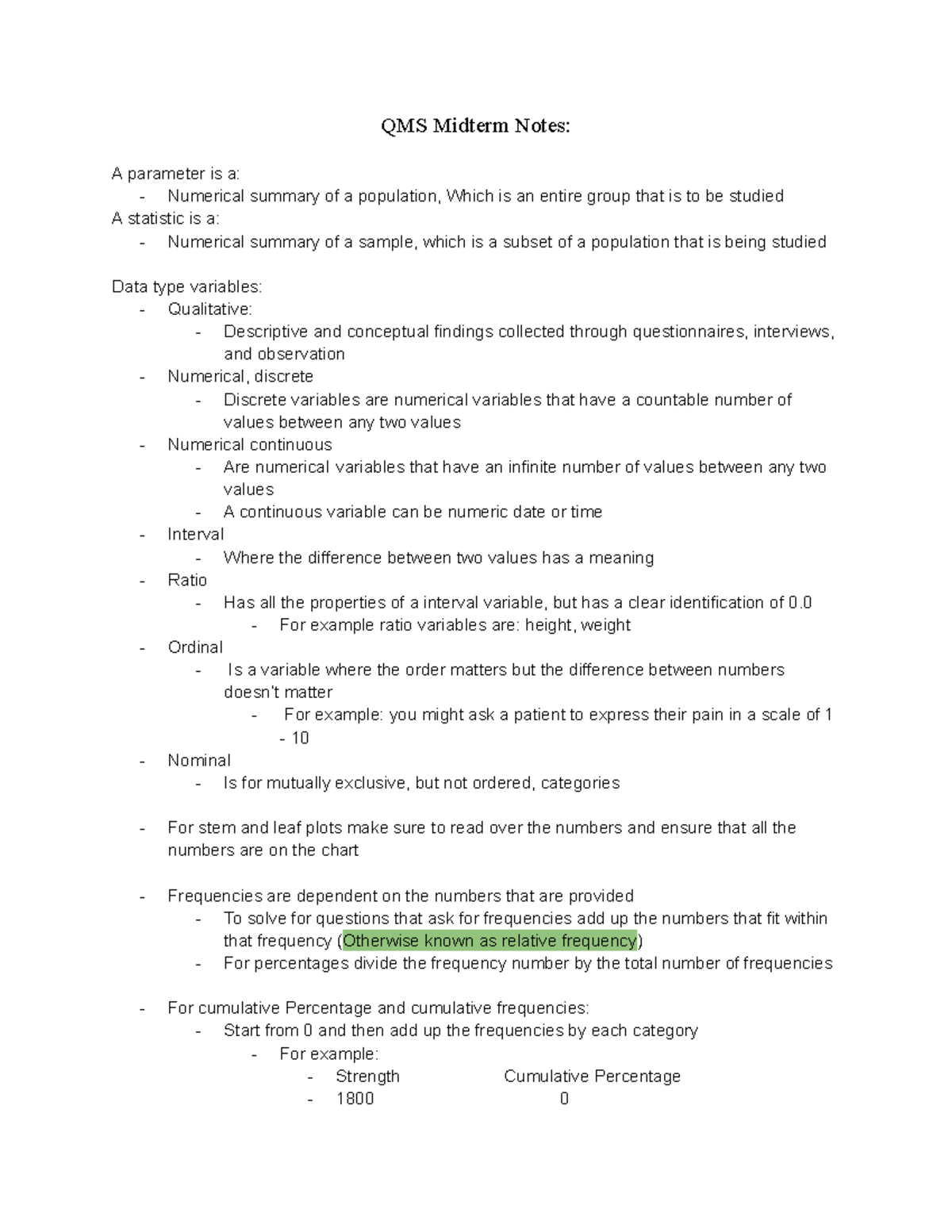 QMS 210 Midterm Notes - QMS Midterm Notes: A parameter is a ...