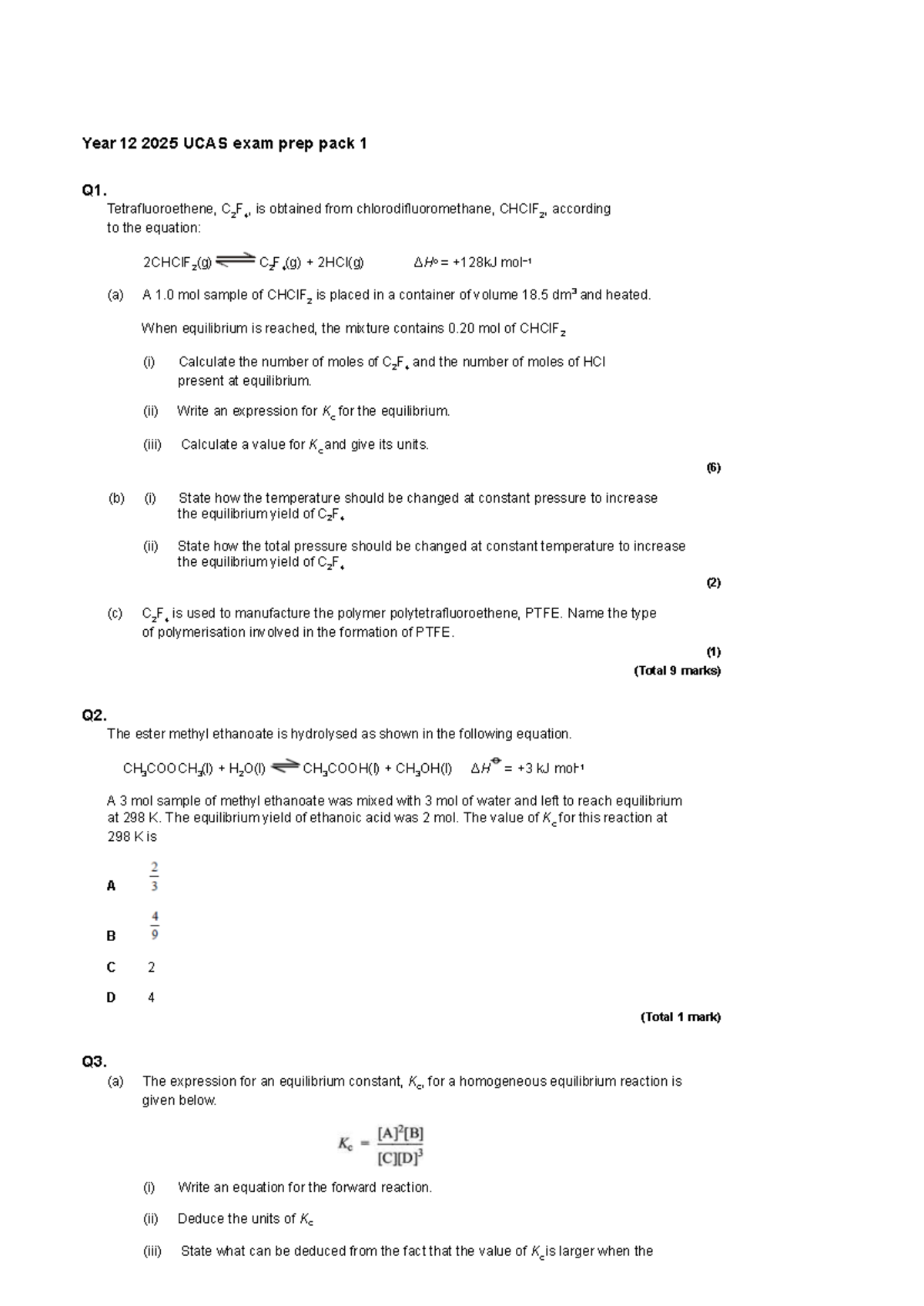 Year 12 2025 UCAS Chemistry Exam Prep Pack 1 Equilibrium Reactions 