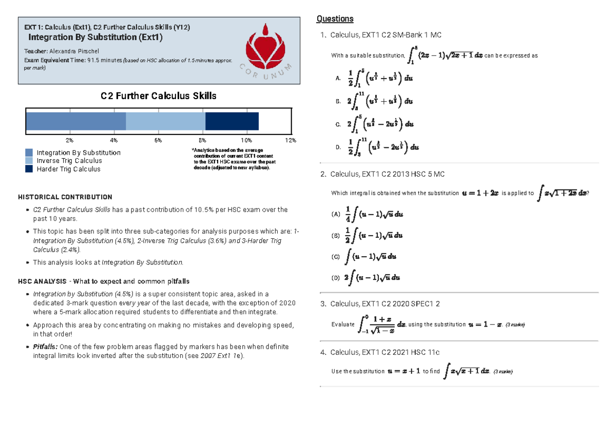 EXT1 C2 Further Calculus Skills: Integration Substitution Analysis ...