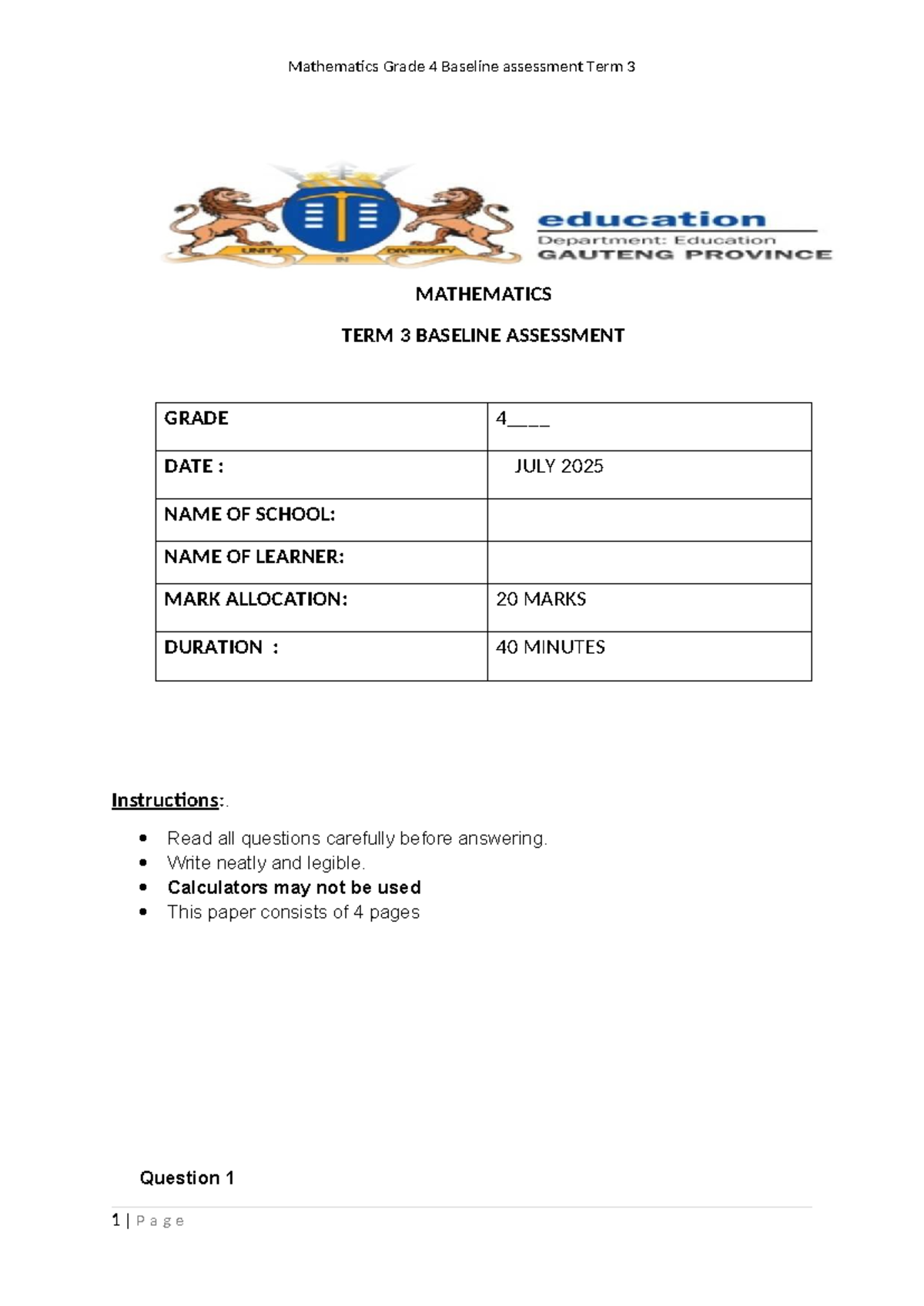 Grade 4 Mathematics Term 3 Baseline Assessment Questions & Answers ...