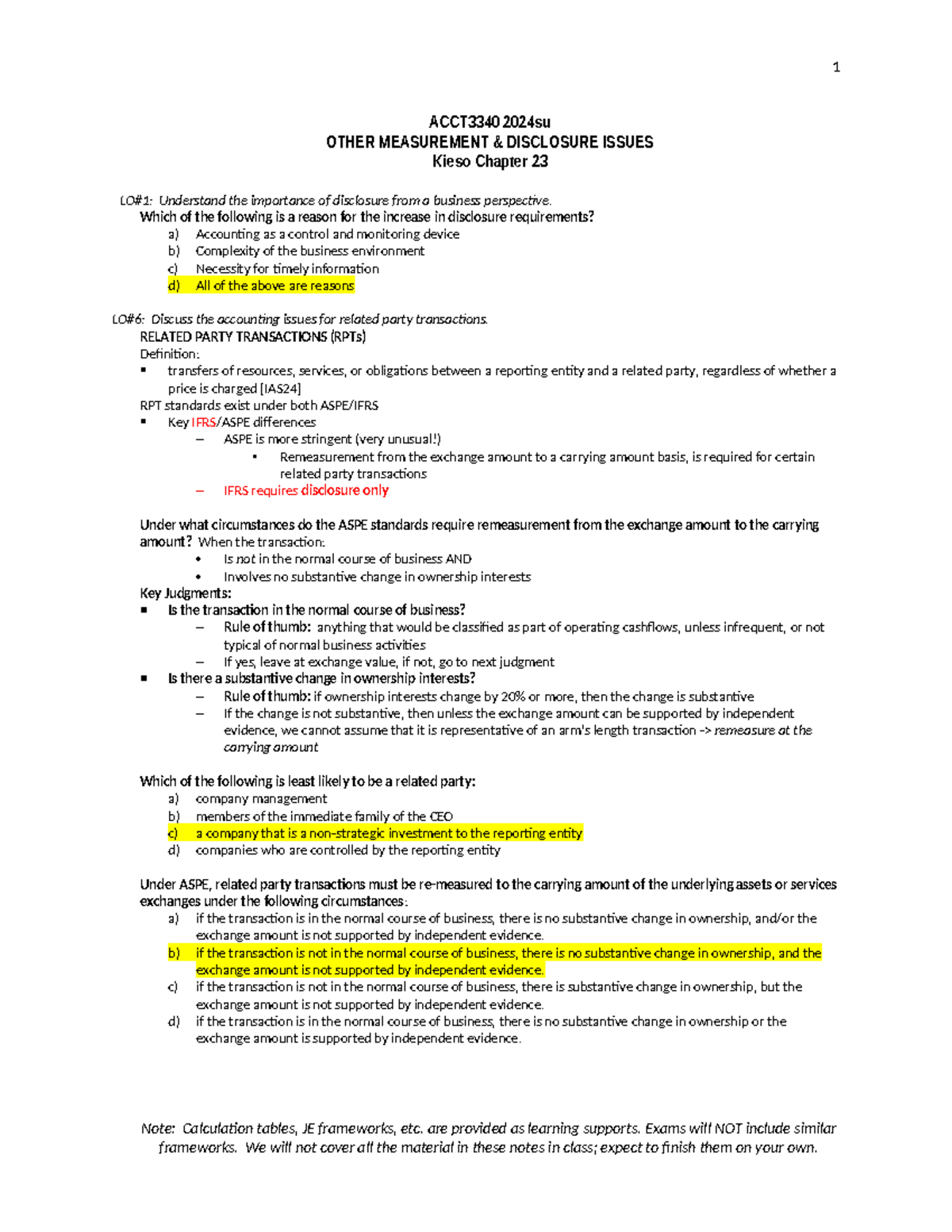 ACCT3340 2024su Class Notes on Measurement & Disclosure Issues - Studocu