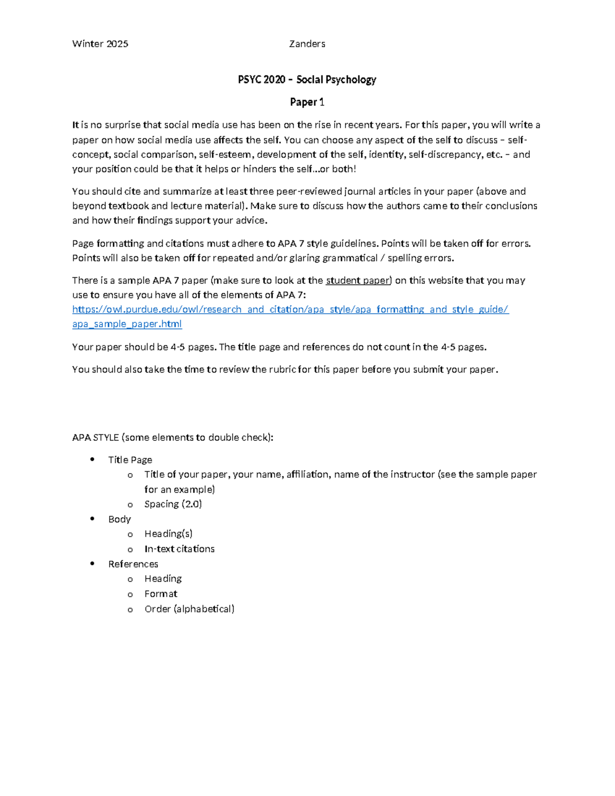 PSYC 2020 Paper 1 Instructions - Winter 2025 Zanders PSYC 2020 – Social ...