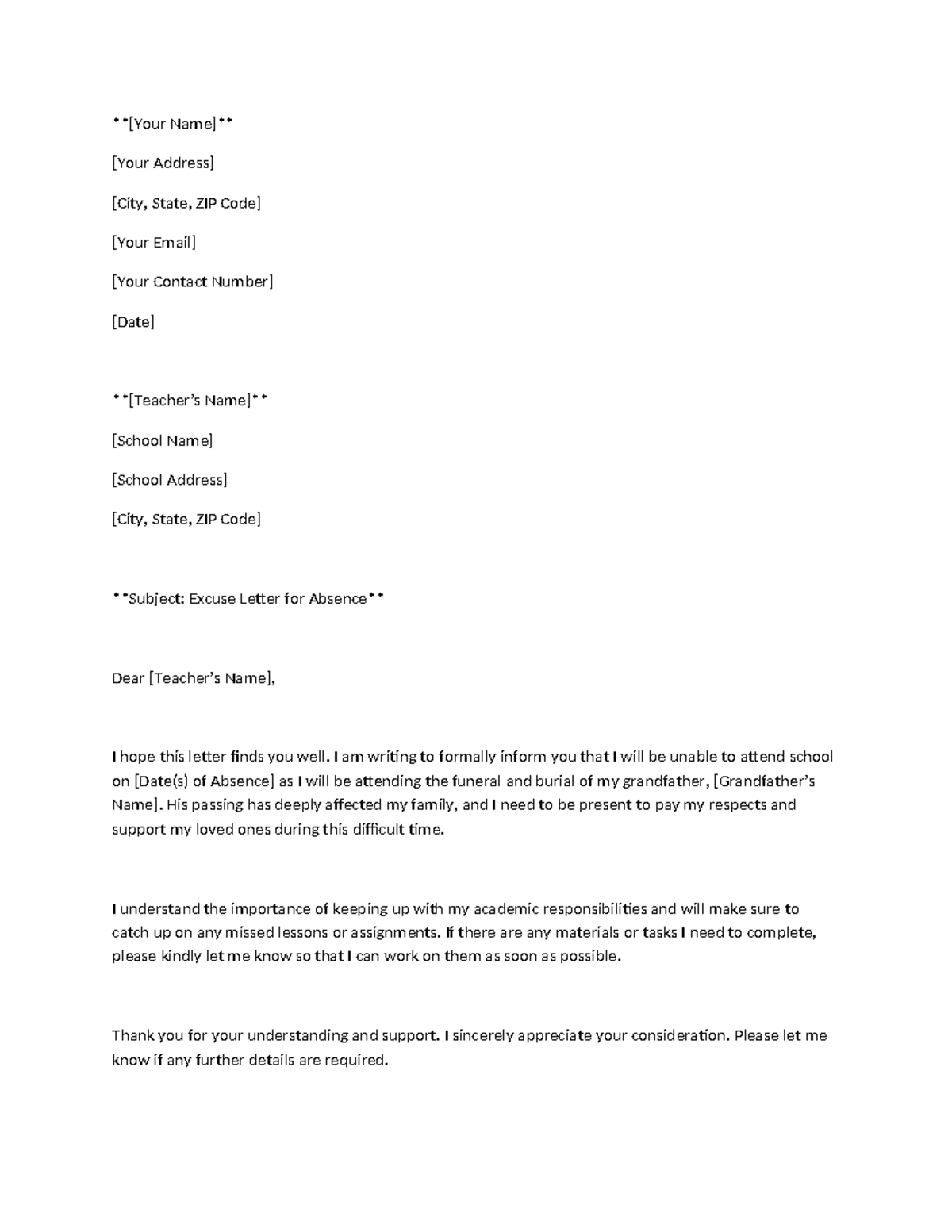 Sample excuse letter - [Your Name] [Your Address] [City, State, ZIP ...