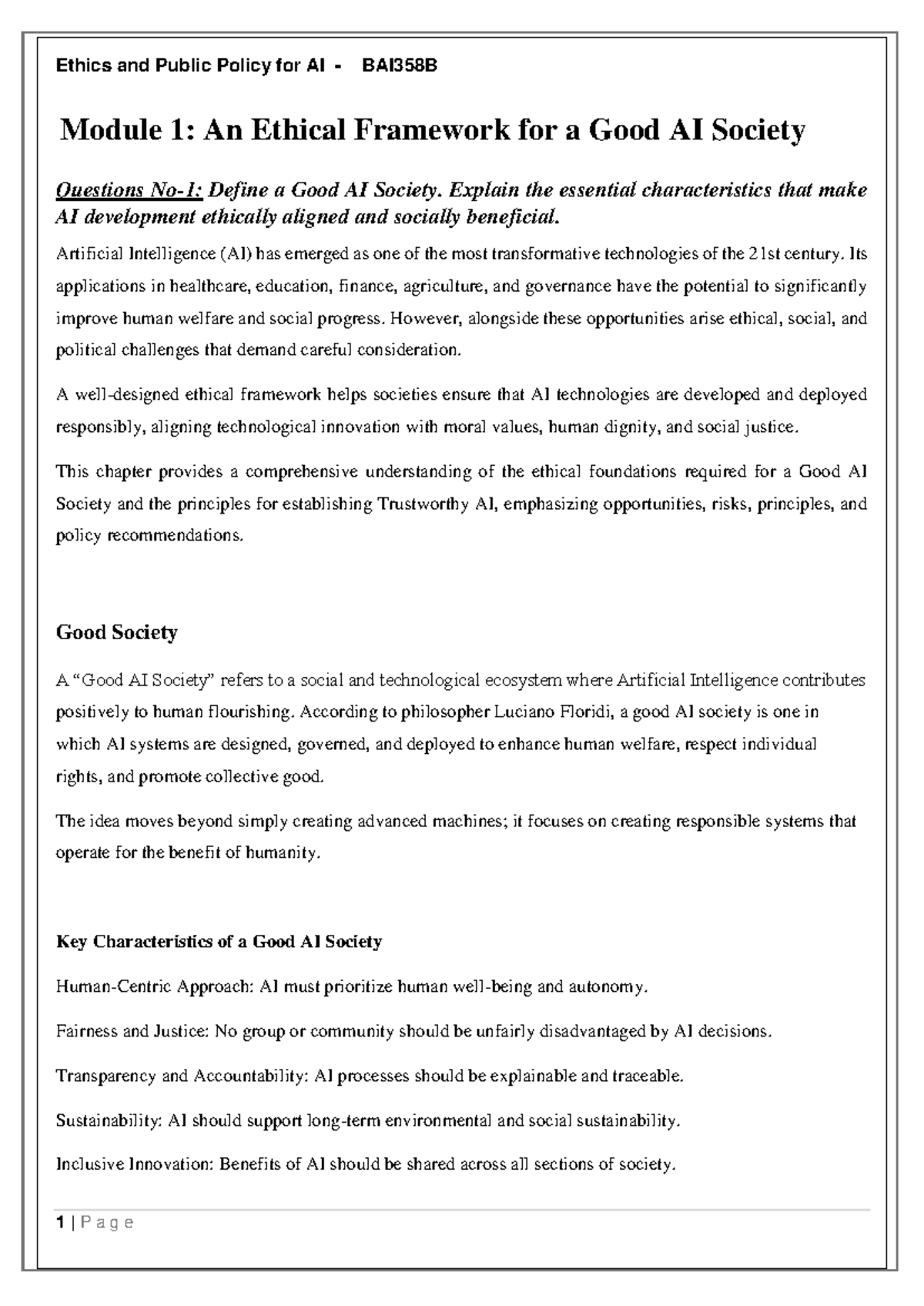 Ethics and Public Policy for AI BAI358B: Framework for a Good AI ...
