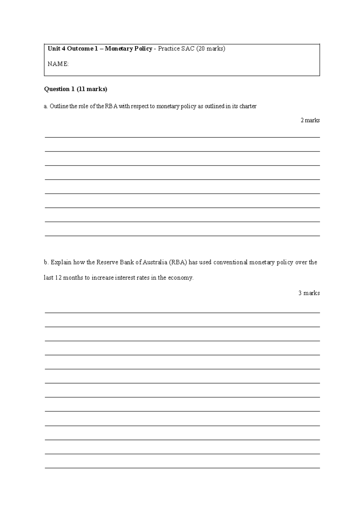 StLeonards ECO2023 Unit 4 Outcome 1: Monetary Policy Practice SAC - Studocu