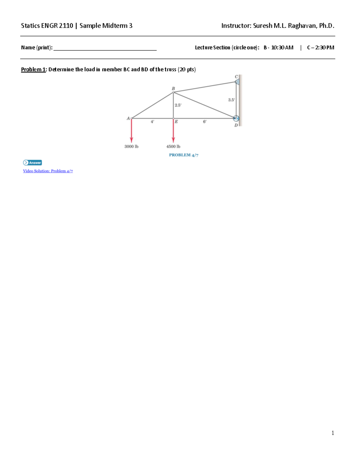 Sample ENGR 2110 Statics Midterm 3 by Raghavan - Studocu
