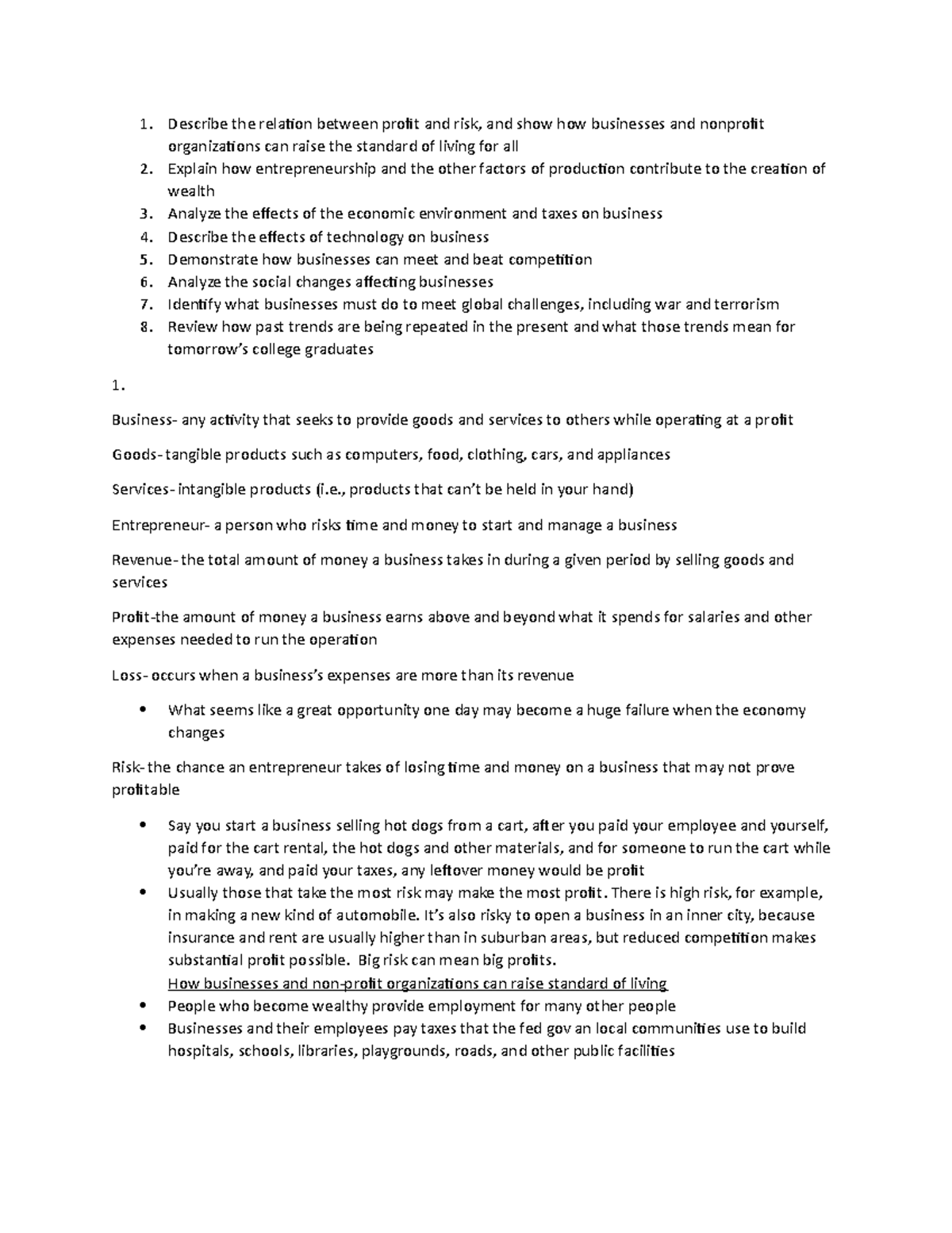 BUS 101: Chapter 1 Lecture Notes on Business Principles and Concepts ...