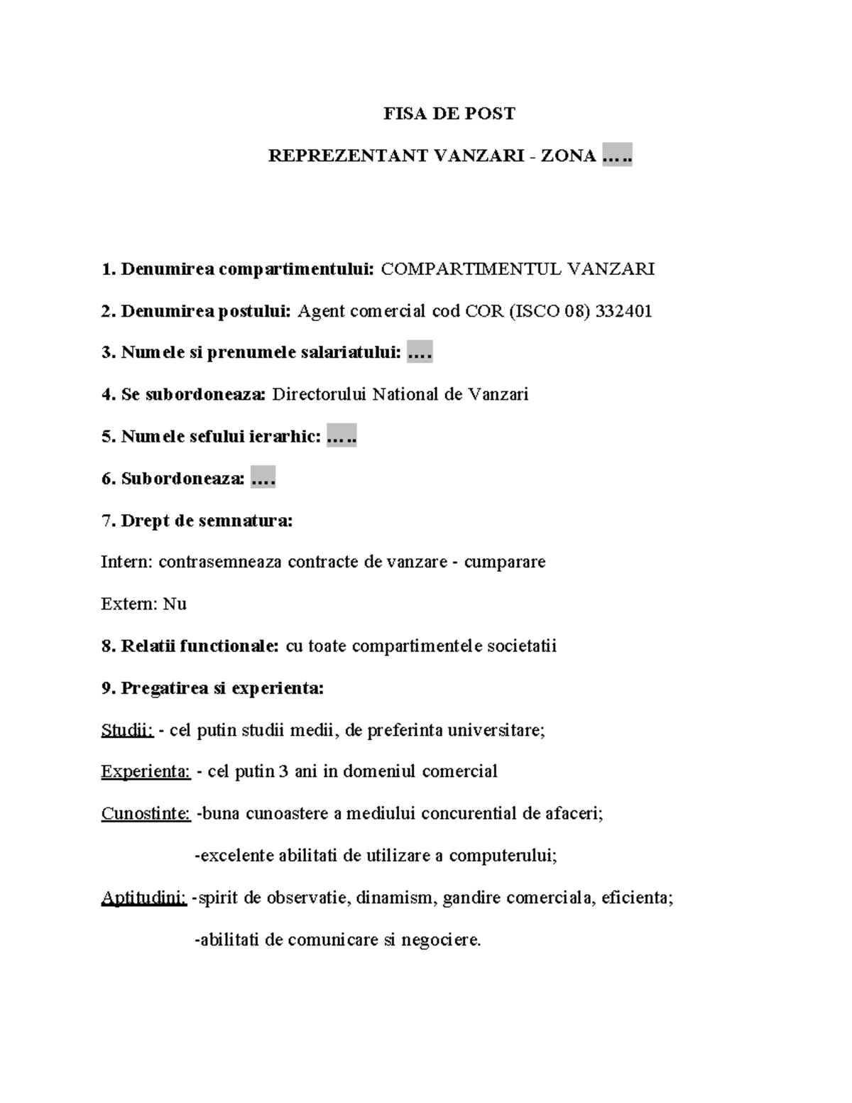 FISA POST REPREZENTANT VANZARI - ZONA 1 (Agent Comercial) - Studocu