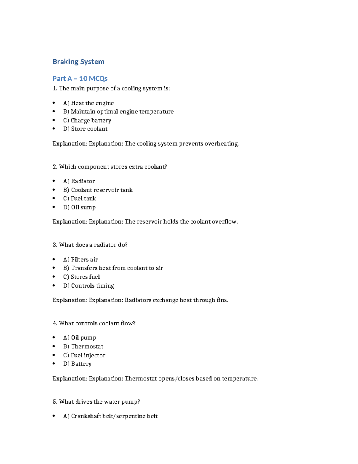 Braking System Part A: 10 MCQs on Cooling System Functions - Studocu