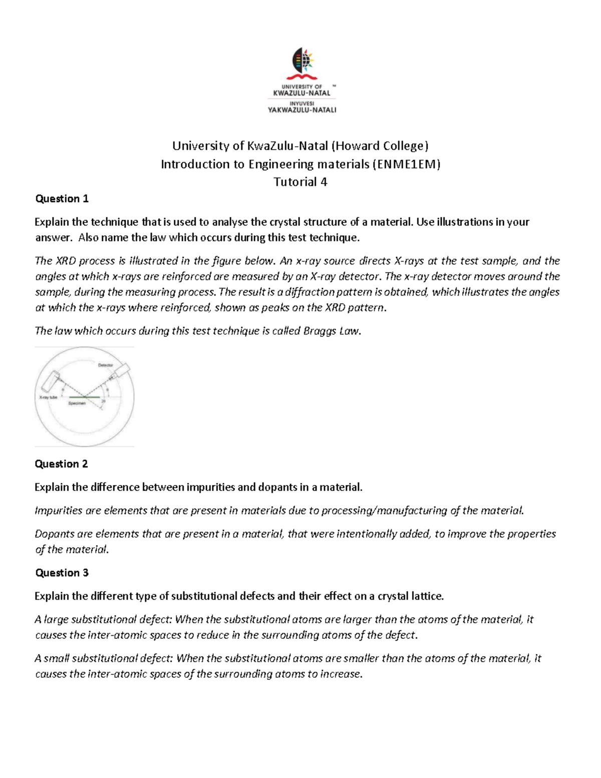 Tutorial 4 Answers: Crystal Structure Analysis (ENME1EM) - Studocu