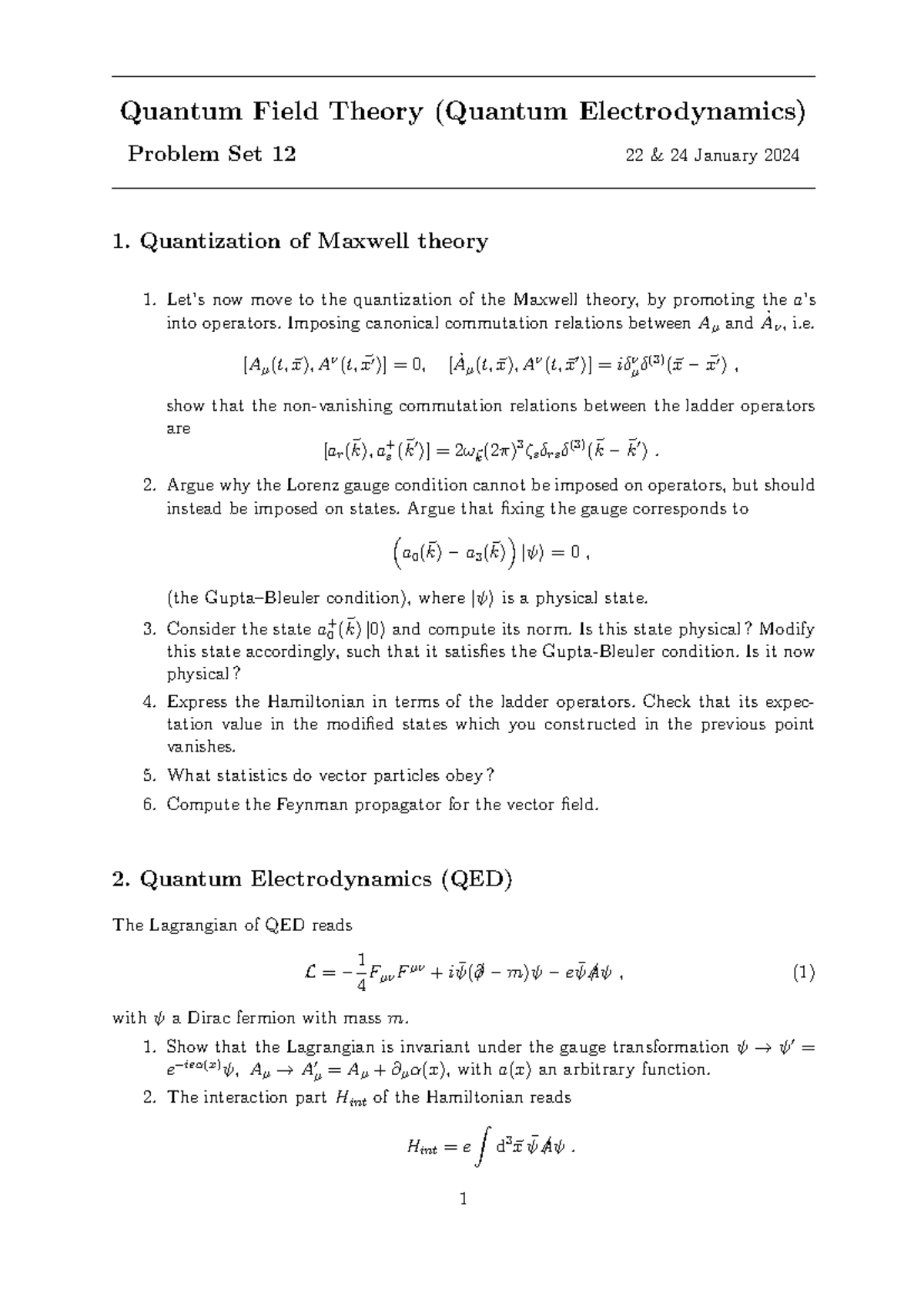 QED EX12 2024 - lecture notes - Quantum Field Theory (Quantum ...