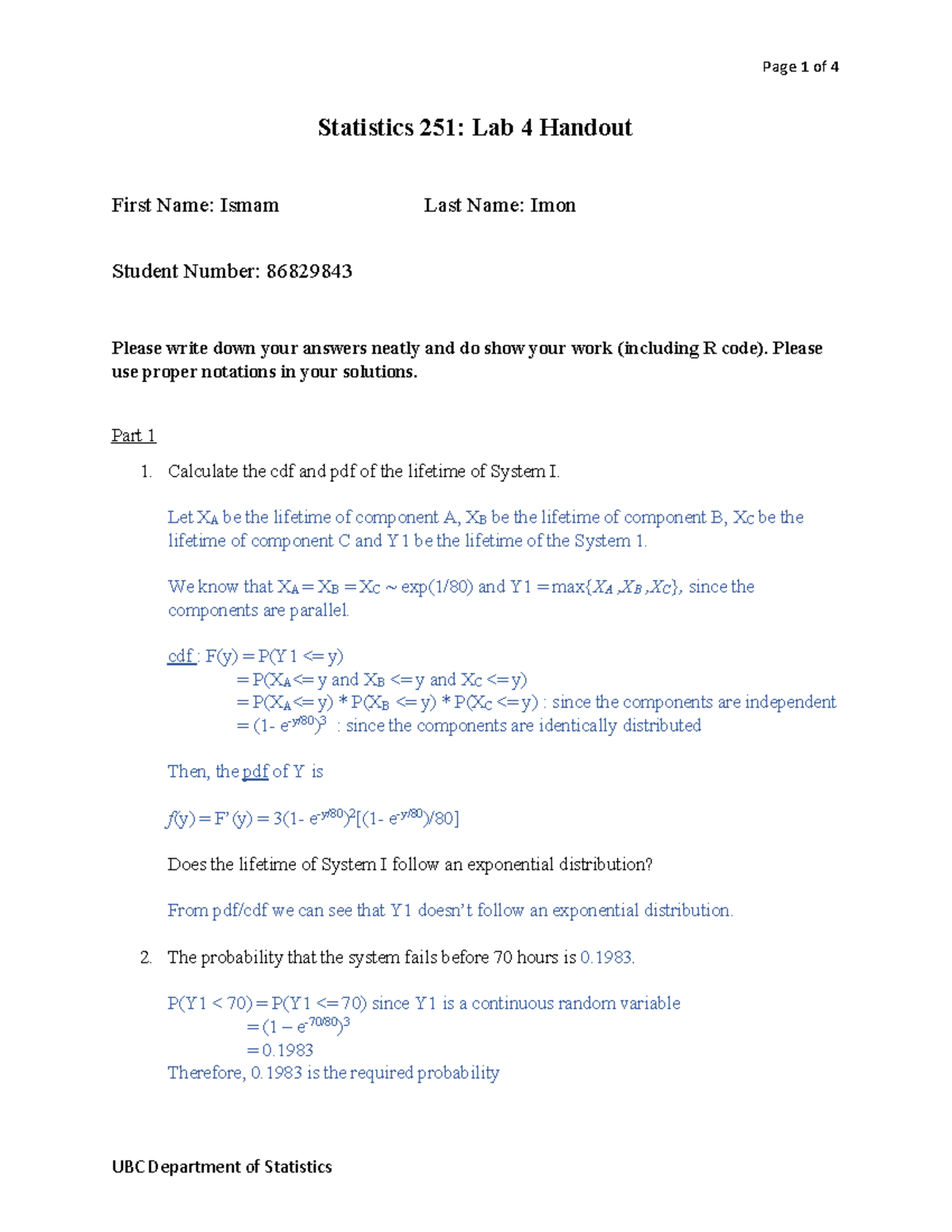 Lab4 v1 handout summer analysis and stats - Statistics 251: Lab 4 ...