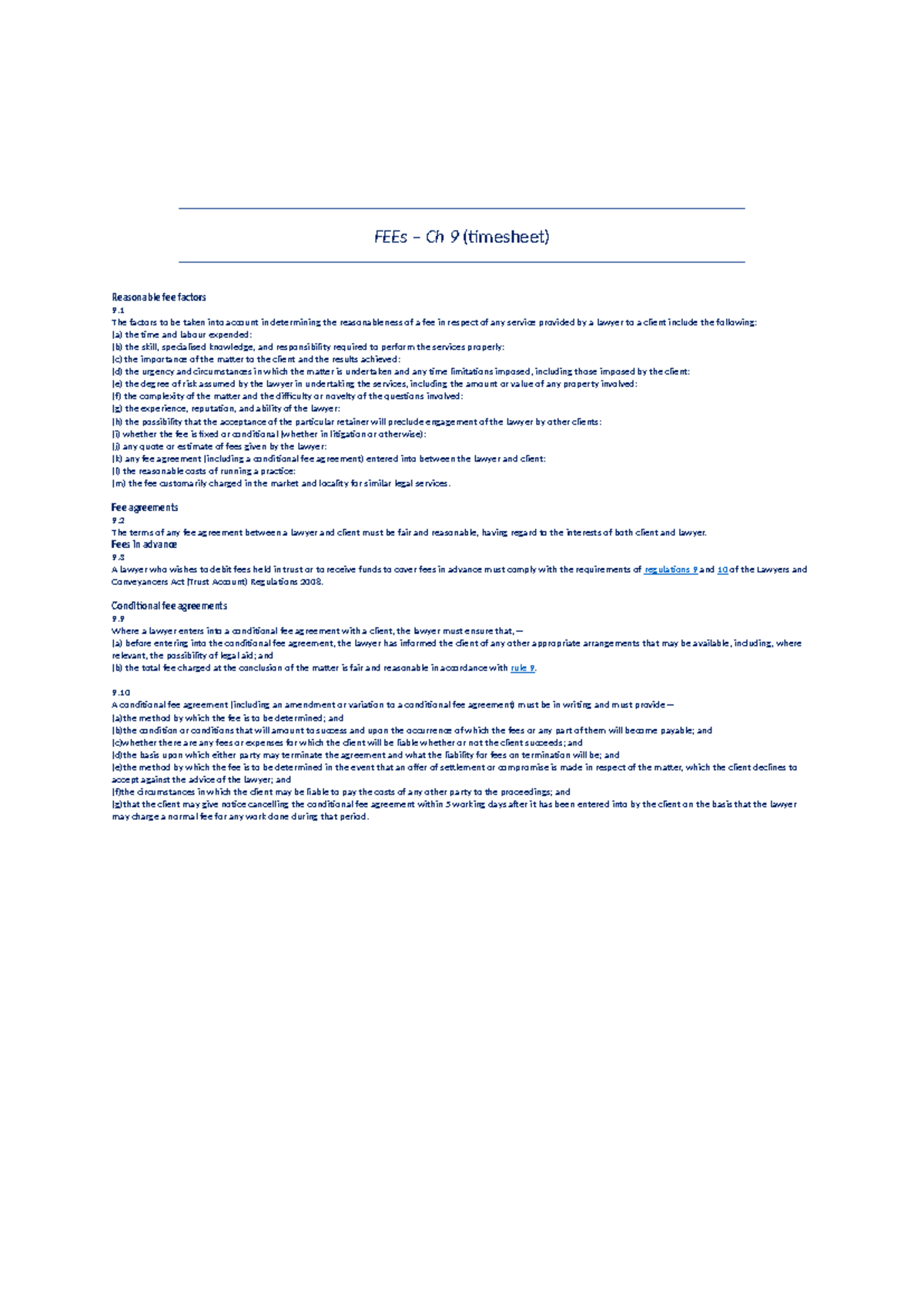 FEEs Ch 9: Reasonable Fee Factors and Agreements - Studocu