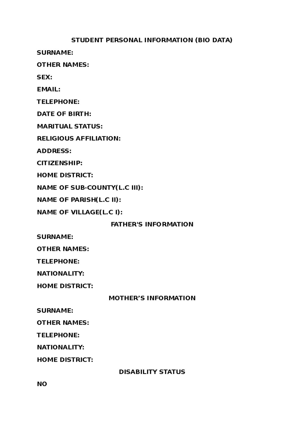 Document - Physics - STUDENT PERSONAL INFORMATION (BIO DATA) SURNAME ...