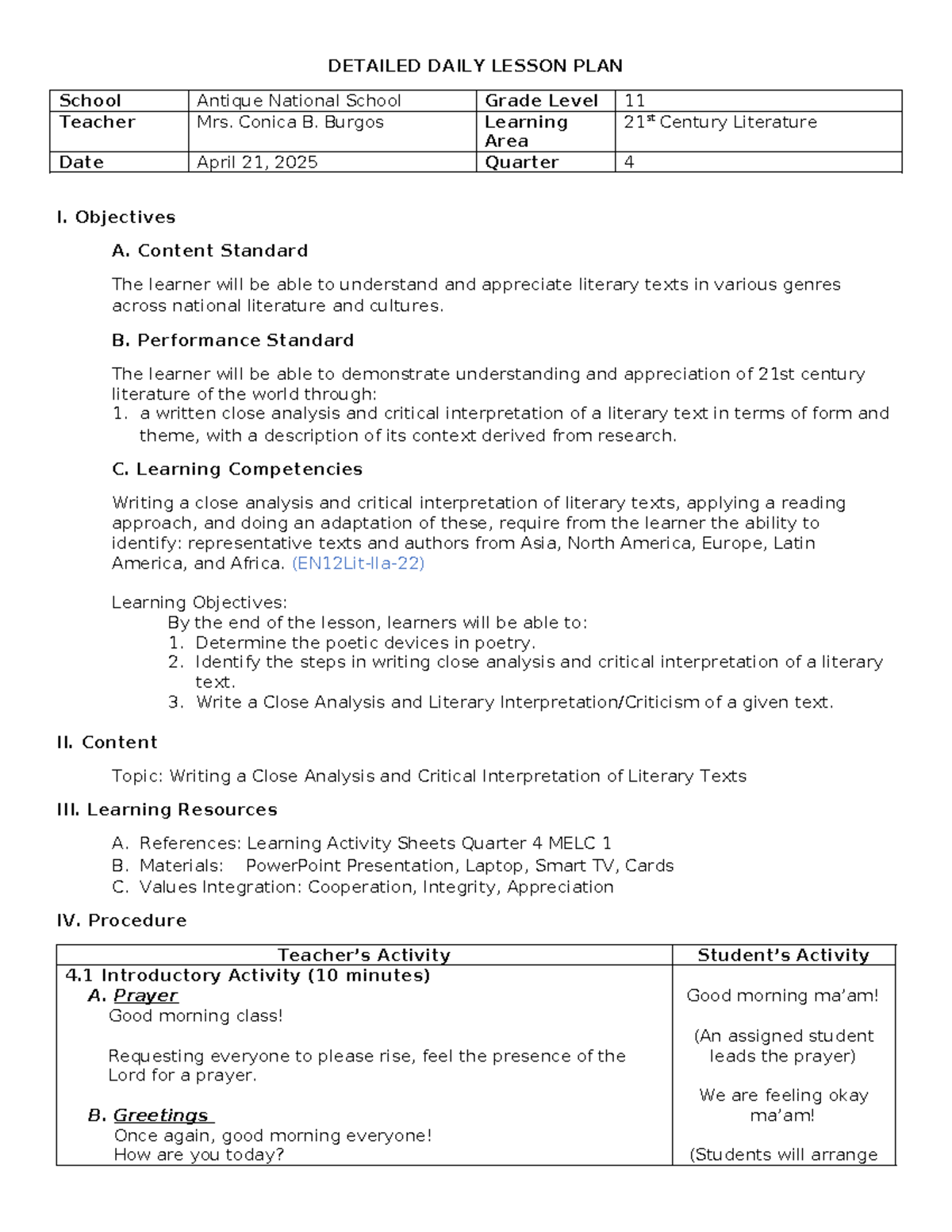 Detailed Daily Lesson PLAN Final - DETAILED DAILY LESSON PLAN School ...