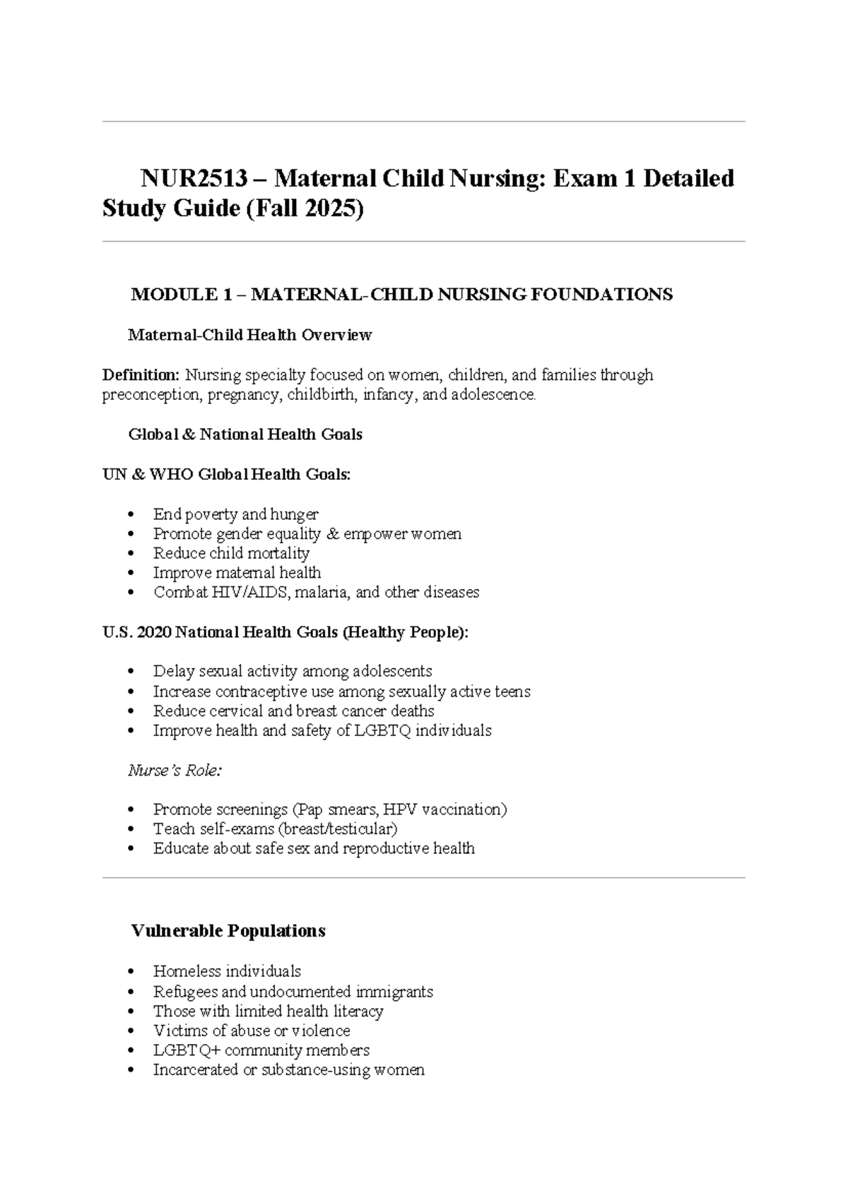 NUR2513 Maternal Child Nursing: Exam 1 Comprehensive Study Guide (Fall ...