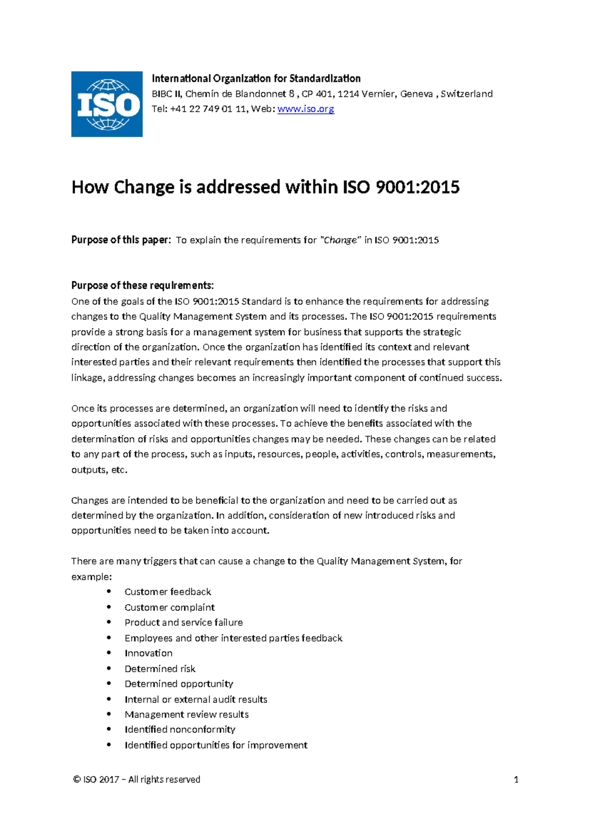 ISO 9001:2015 Managing Change in Quality Management Systems - Studocu