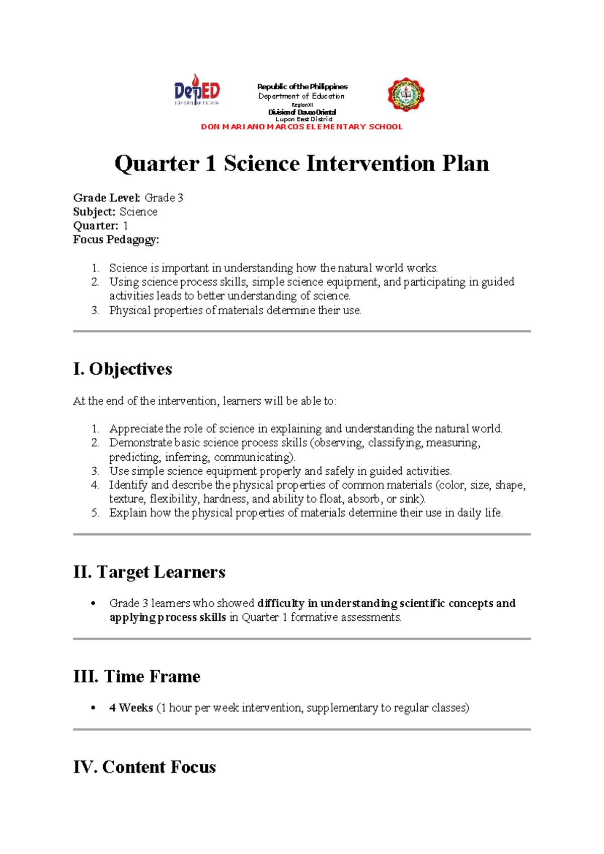 Science 3 Intervention Plan: Quarter 1 Activities and Objectives - Studocu