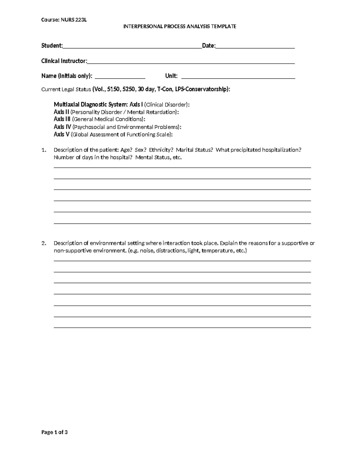 NURS 223L - Interpersonal Process Analysis Template-1 - Course: NURS ...