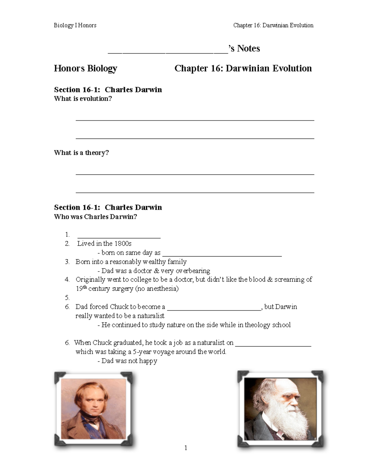 Honors Biology Chapter 16: Darwinian Evolution Study Notes - Studocu