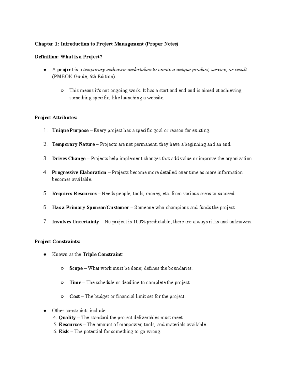3505 - Chapter 1-6 Project Management Overview and Key Concepts - Studocu