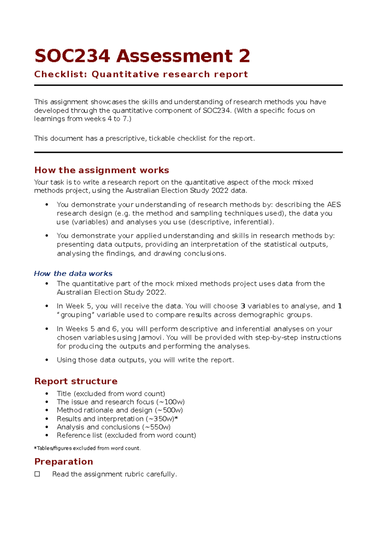 SOC234 Assessment 2: Quantitative Research Report Checklist - Studocu