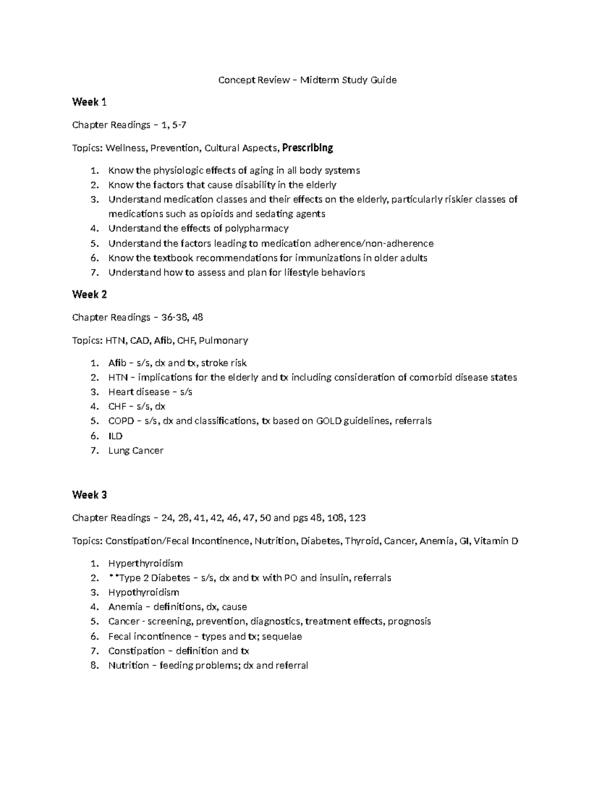 Midterm Study Guide for Concept Review in Aging and Wellness - Studocu