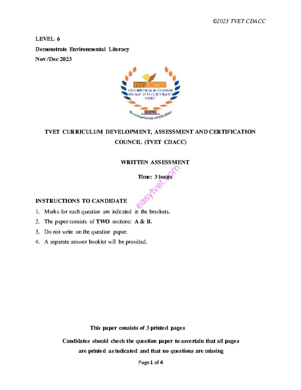TVET CDACC LEVEL 6 Environmental Literacy Assessment Nov 2023 - Studocu