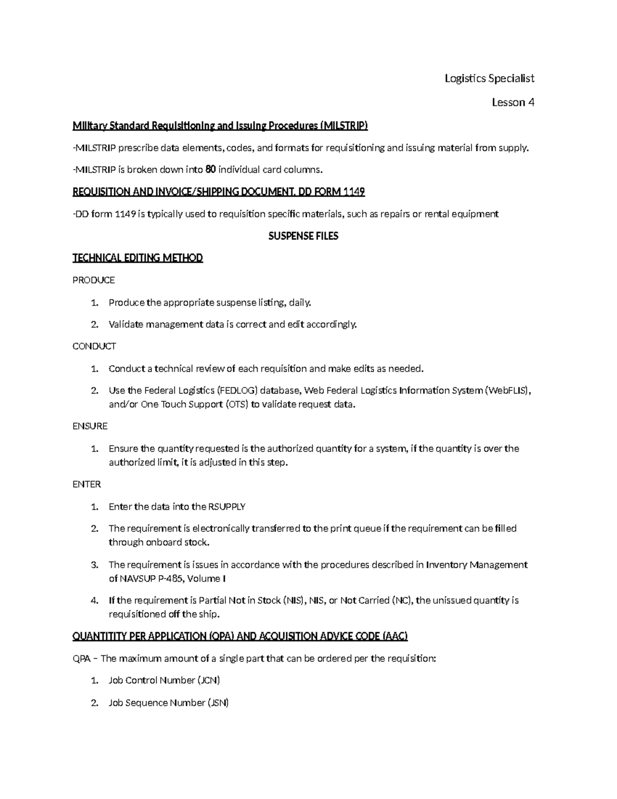Logistics Specialist Lesson 4: MILSTRIP Requisitioning Procedures - Studocu